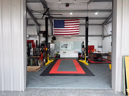 Swisstrax garage flooring with custom red, black and gray tile layout